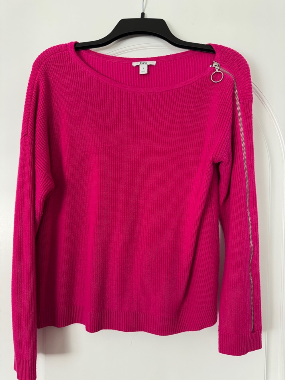 Bar III Bright Fuchsia Crewneck Sweater with Zip-Ring Detail